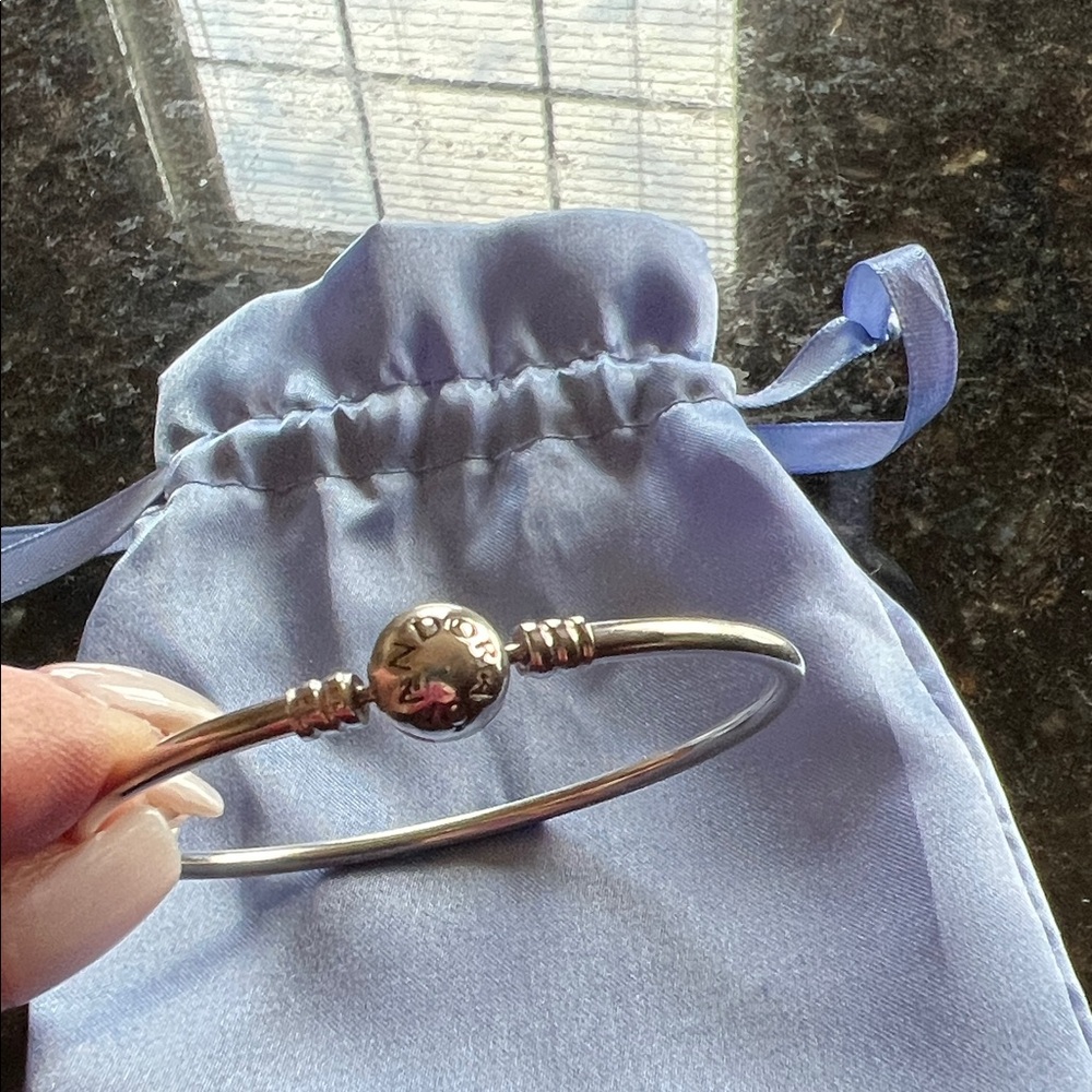 Auth Pandora Silver Bangle Bracelet with Logo Charm. 7.5”
